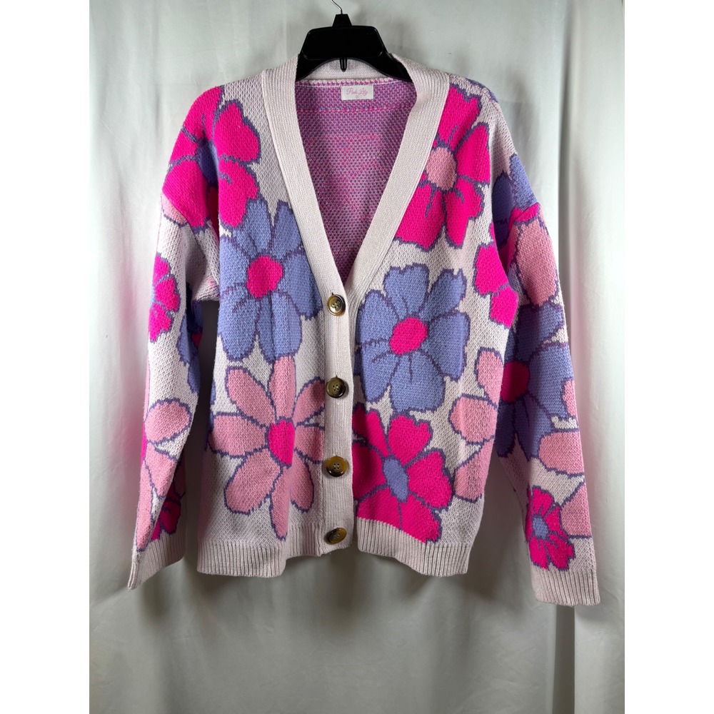 Pink Lily Floral Cardigan Sweater Pink Purple Daisy Oversized V-Neck Size L